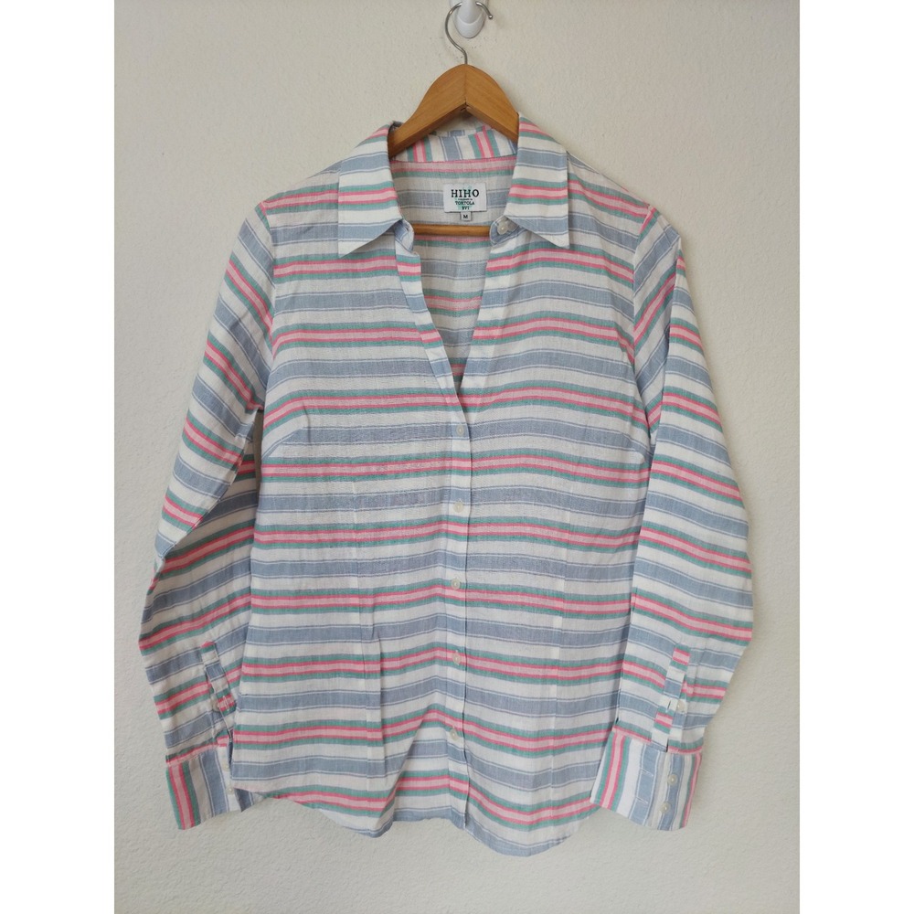 HIHOWomen's Linen Striped Button Down Shirt Blue Pink Green Size Medium
